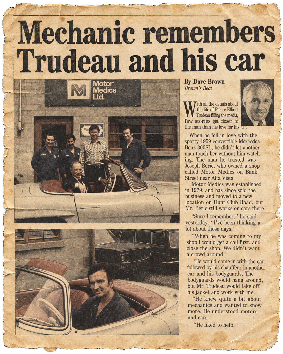 Aged newspaper-style feature titled Mechanic remembers Trudeau and his car, with two vintage vehicle photographs and the columnist portrait